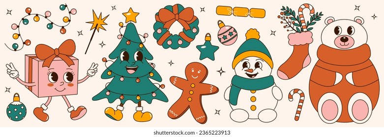 Groovy 70s Christmas sticker set. Trendy retro cartoon style. Comic cartoon characters and elements. Christmas tree, bear, snowman, gingerbread, gift