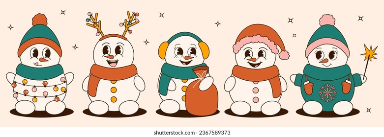 Groovy 70s Christmas sticker set. Trendy retro cartoon style. Cartoon snowman characters. Comic mascots