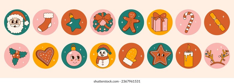 Groovy 70s Christmas sticker set. Trendy retro cartoon style. Comic cartoon characters and elements.