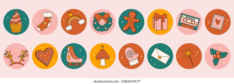 Groovy 70s Christmas sticker set. Trendy retro cartoon style. Comic cartoon elements. Highlight set
