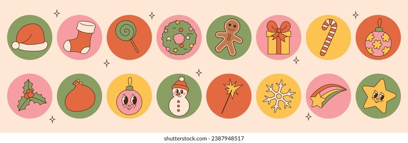 Groovy 70s Christmas sticker set. Trendy retro cartoon style. Comic cartoon characters and elements