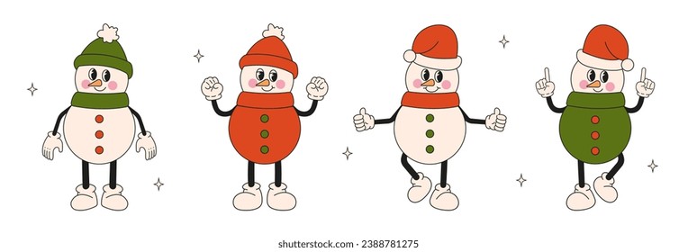 Groovy 70s Christmas sticker set. Trendy retro cartoon style. Cartoon snowman characters. Comic mascots
