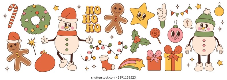 Groovy 70s Christmas sticker set. Trendy retro cartoon style. Comic cartoon characters and elements. Gifts, snowman, gingerbread, star, candy