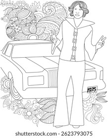 Groovy 70s Fashion and Vintage Car Coloring Page, A black and white line drawing of a person in iconic 1970s fashion, featuring bell-bottom pants and a wide-collar shirt, standing next to a vintage