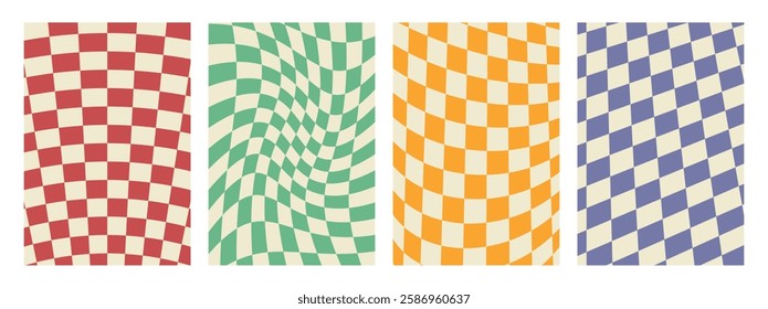 Groovy 70s hippie backgrounds featuring checkerboard,mesh, and wavy patterns.Retro 60s and 70s psychedelic design with a Y2K aesthetic. Gingham vector wallpaper collection, perfect for print templates