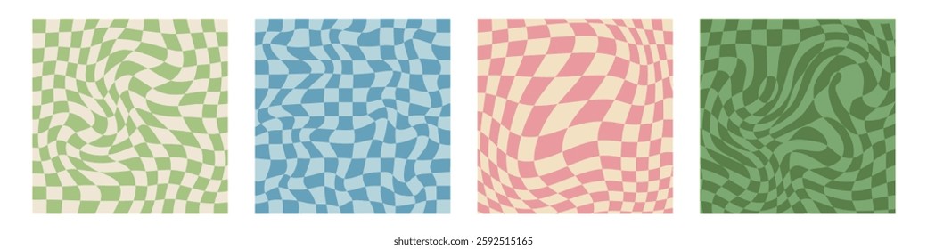 Groovy 70s hippie backgrounds featuring checkerboard,mesh, and wavy patterns.Retro 60s and 70s psychedelic design with a Y2K aesthetic. Gingham vector wallpaper collection, perfect for print templates