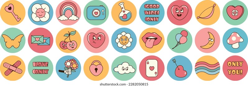 A Groovy 70 le encanta el juego hippie. Flor divertida de dibujos animados, corazón, arcoiris, regalo, mariposa, setas. Conjunto de stickers en el moderno estilo de dibujos animados psicodélicos retro.