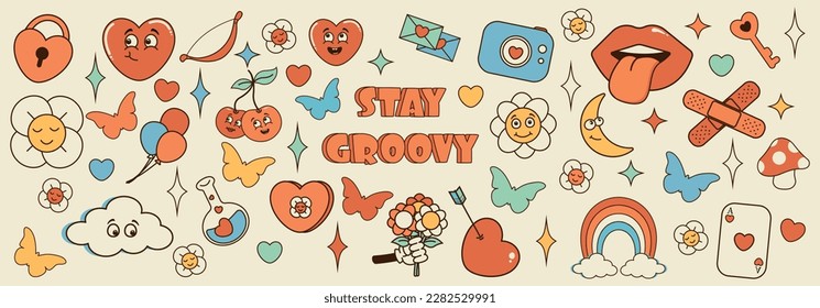 Groovy 70s love hippie set. Funny cartoon heart, rainbow, flower, camera, mushroom, chamomile, arrow, bow.Set of stickers in trendy retro psychedelic cartoon style.