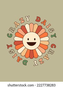 Groovy 70s Poster with Daisy Crazy Slogan and Smile Flower. Vector Psychedelic Background in Trendy Retro Style for T-Shirt Print, Wall Art, Case Phone, Notepad Cover, Flyer, Cards, Social media