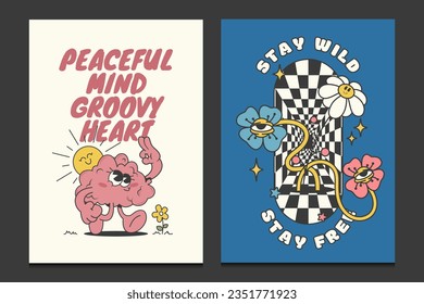 groovy 70s poster with funny cartoon characters, vector illustration