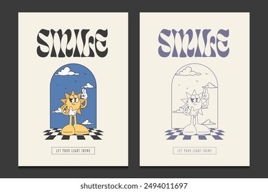 groovy 70s poster or graphic t-shirt design with a cartoon sun character, vector illustration