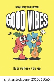 groovy 70s poster with positive quotes and retro cartoons in trendy style, vector illustration