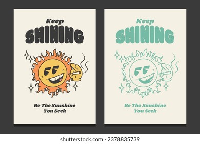 groovy 70s poster with retro sun cartoon character, vector illustration