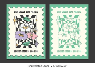 groovy 70s posters with colorful cartoon flower characters, vector illustration