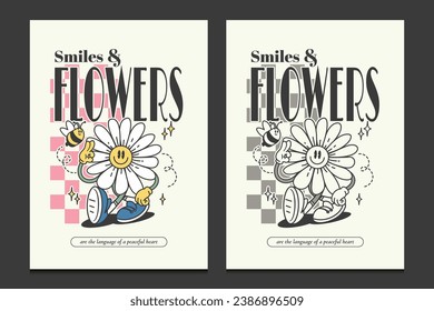 groovy 70s posters with a cute flower cartoon character, vector illustration