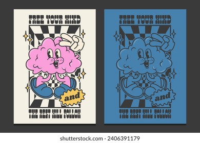 groovy 70s posters with a cute retro cartoon character, vector illustration