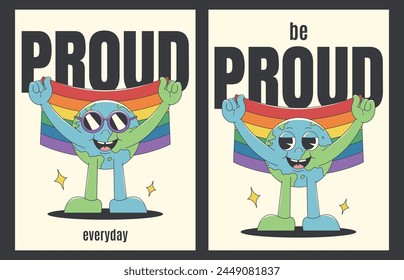 Groovy 70s posters with planet Earth holding up the rainbow flag. Vector illustrations in retro style for Pride Month