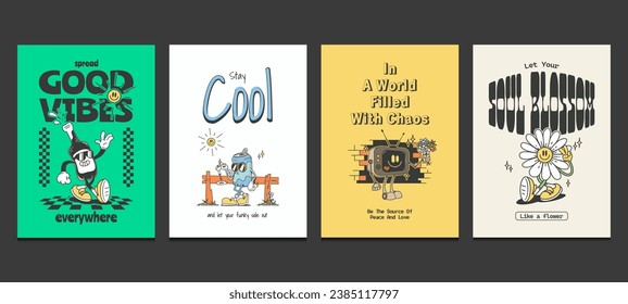 groovy 70s posters with positive quotes and vintage cartoon characters, vector illustration