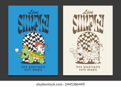 groovy 70s posters with retro cartoon characters of a cute turtle and mushrooms, vector illustration