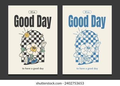 groovy 70s posters with retro flower cartoon character, vector illustration