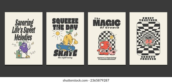 groovy 70s posters with retro fruits cartoon characters, vector illustration