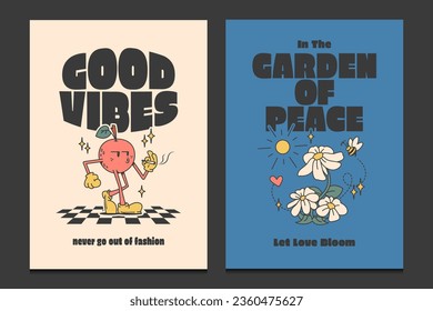 groovy 70s posters, retro wall art print with positive quotes, vector illustration