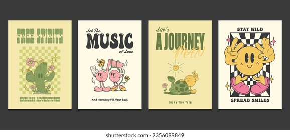 groovy 70s posters or t-shirt graphics printed with a retro cartoon in trendy style, vector illustration