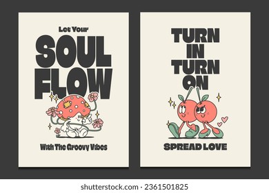 groovy 70s posters with vintage character in trendy style, vector illustration