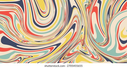 Groovy 70s fundo psicodélico com espiral e padrões de ondas. Textura vetorial retro trançada em estética vibrante Y2K. Perfeito para cartazes, capas de álbuns, moda e projetos com tema vintage.