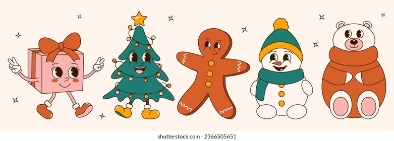 Groovy 70s retro Christmas sticker set. Trendy retro cartoon style. Comic christmas cartoon characters, mascots. Snowman, christmas tree, gingerbread, gift, bear
