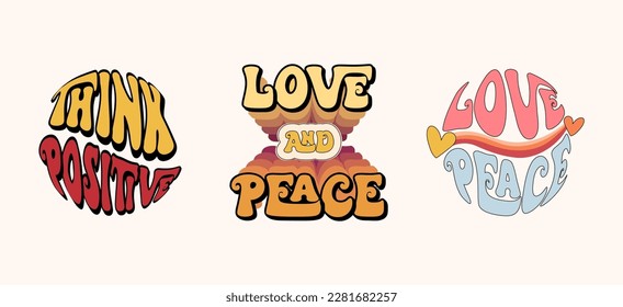 Groovy 70s retro composition with positive inspiring quote - peace and love, nostalgia hippie vibes, optimistic poster or card print, vector