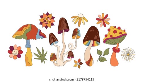 Groovy 70s retro isolated clip art bundle, mushrooms and flower, colored hippie style objects on white background, summer groovy vibes, vector hand drawn set