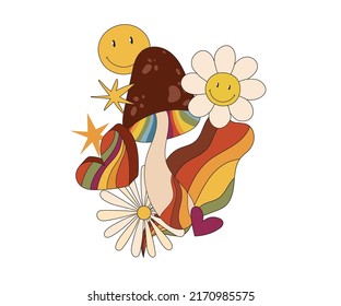 Groovy 70s retro Plakatvorlage, Retro-Vibes Pilz, Blume, Lächeln Gesicht vorgefertigte Druck, regnerfarbene Hippie-Trippy, lustige, handgezeichnete Vektorgrafik