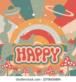 Groovy 70s retro print. Happy vibes, hippie style placard. Peace poster, surreal fantasy boho art, retro background with mushrooms, swanky vector illustration