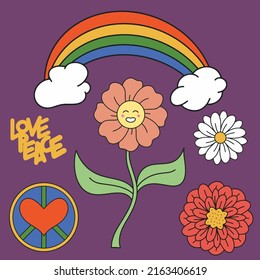 Groovy 70s, retro print with hippie elements. Cartoon flowers, rainbows, clouds and peace love vintage funky print vector set