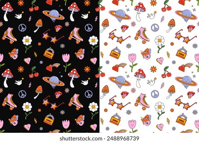 A groovy 70s retro seamless pattern. Contains many elements of 70s retro patterns, including roller skates, flowers, hearts, cherries, mushrooms, sunglasses, butterflies, planets and peace signs.