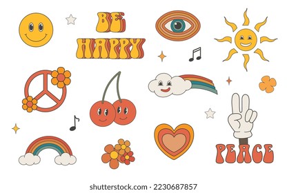 groovy 70s retro set, rainbow, peace, sun, cherry, flowers, sticker pack, trendy vector illustration