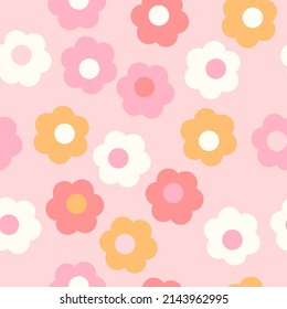 Groovy 70s retro style seamless pattern. Simple shaped flowers vector background. Cozy vintage fabric print, kids clothes, home textile