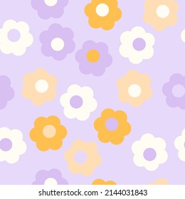 Groovy 70s Retro Style Seamless Pattern. Simple Shaped Flowers Vector Background. Cozy Vintage Fabric Print, Kids Clothes, Home Textile