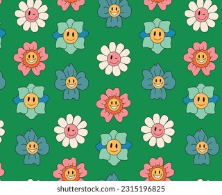 Groovy 70s seamless pattern. Funny cartoon flowers with a face. Trendy retro psychedelic cartoon style. Green background.