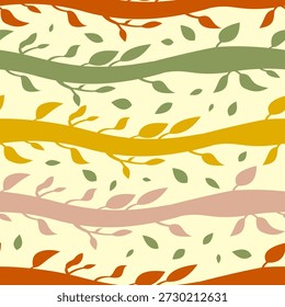 Groovy 70s patrón sin fisuras con fondo de Vector de vides florales onduladas. Abstractas líneas curvas de diseño plano para tejido textil. Fondo de pantalla de movimiento de rayas orgánico retro sin estilo de contorno.