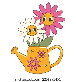 Groovy 70s sticker. Y2k groovy cartoon style characters flower, daisy. 70s-80s retro vibes.