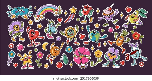 Groovy 70s stickers. Cartoon vintage 60s 70s retro style groovy emblems with abstract flowers and retro hippie symbols. Vector colorful set.