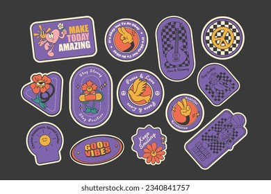 Groovy 70s stickers, collection of stickers in retro style, vector illustration