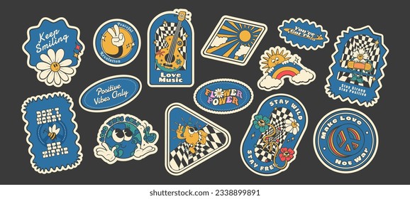 Groovy 70s stickers, cute retro cartoon characters, vector illustration