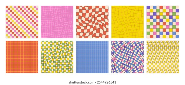 Groovy 70s style checkered seamless patterns, psychedelic checkerboard texture, vintage hippie aesthetic backgrounds. Retro pattern with distorted grid tile, funky fashion textile print vector set