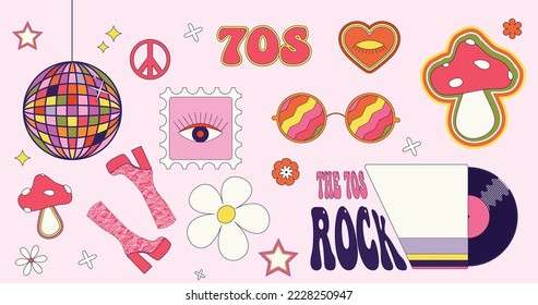 Groovy 70s Vector Sticker Set.  Disco-Ball, Hochstiefel, Friedenszeichen, Pilze, Hippies, Schallplatten und Rundbrillen. 