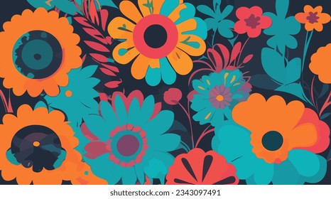 Groovy 70s vibes: Funky flowers in bold colors on dark background. Ideal for vintage designs, prints, textiles, nostalgic projects. Editable, Customizable.