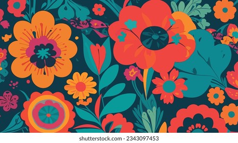 Groovy 70s vibes: Retro floral frenzy with bold flowers on dark backdrop. Ideal for nostalgic design, prints, decor. Editable, Customizable.