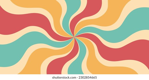 Groovy 70s,60s background with twisted sunburst.Vector illustration